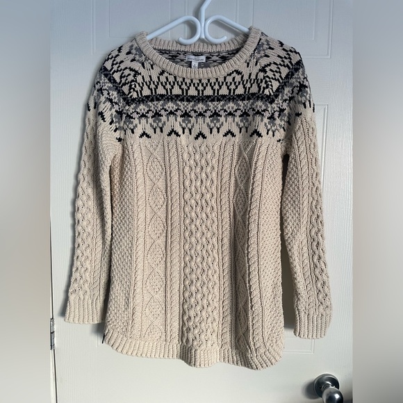 LL Bean Signature Cream Cable Knit Sweater Fair Isle Size S - Picture 2 of 15